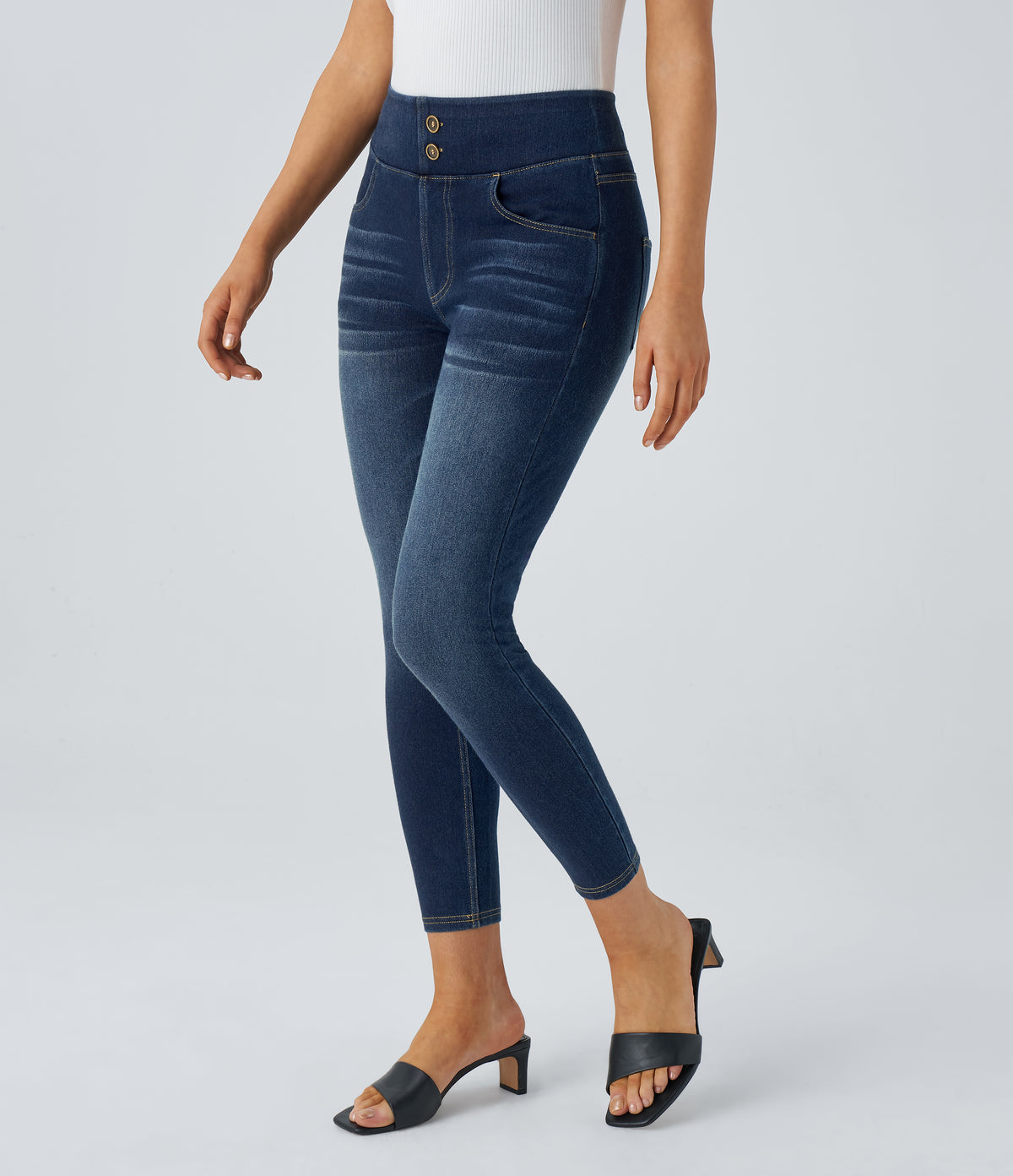 Curvy High Waisted Decorative Pockets Washed Casual 7/8 Jeans — Bright Blue Denim — view 2