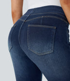 Curvy High Waisted Decorative Pockets Washed Casual 7/8 Jeans — Bright Blue Denim — view 4