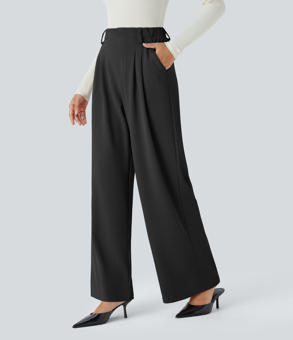 High Waisted Side Pocket Wide Leg Waffle Work Trousers — Black — view 1