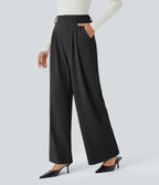 High Waisted Side Pocket Wide Leg Waffle Work Trousers — Black — view 1