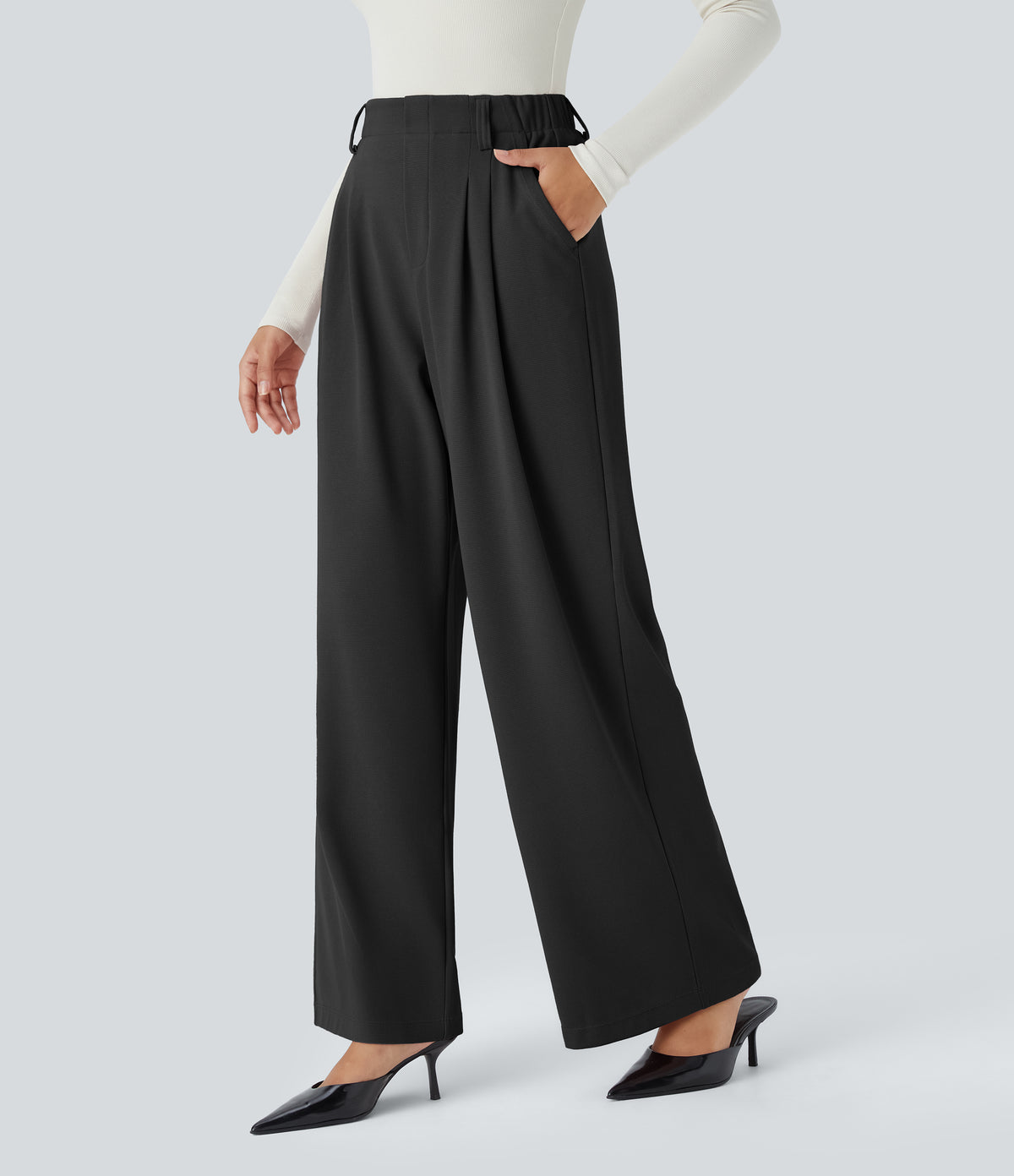 High Waisted Side Pocket Wide Leg Waffle Work Trousers — Black — view 1