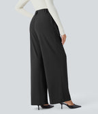 High Waisted Side Pocket Wide Leg Waffle Work Trousers — Black — view 2