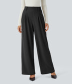 High Waisted Side Pocket Wide Leg Waffle Work Trousers — Black — view 3