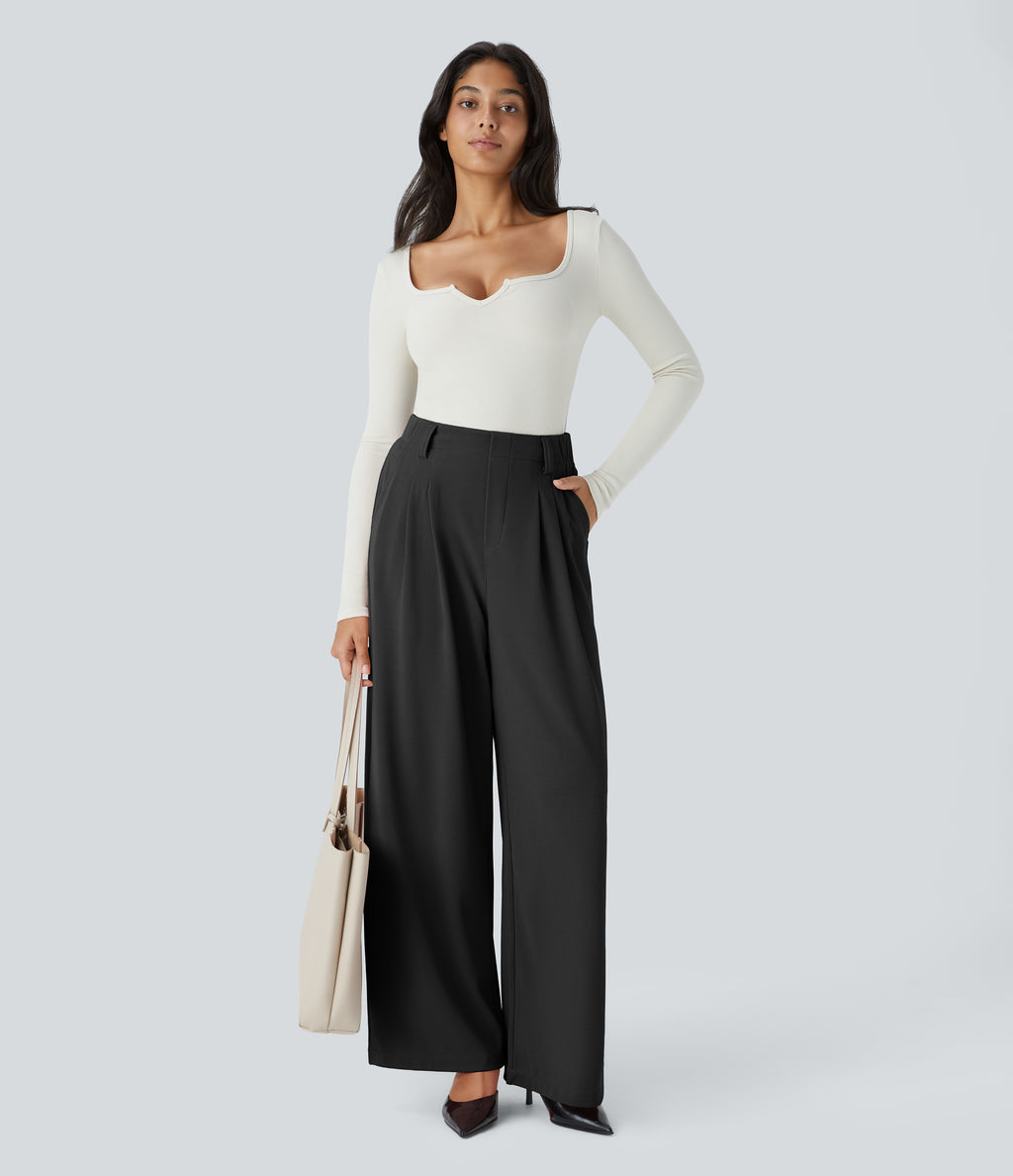 High Waisted Side Pocket Wide Leg Waffle Work Trousers — Black — view 6