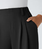 High Waisted Side Pocket Wide Leg Waffle Work Trousers — Black — view 4