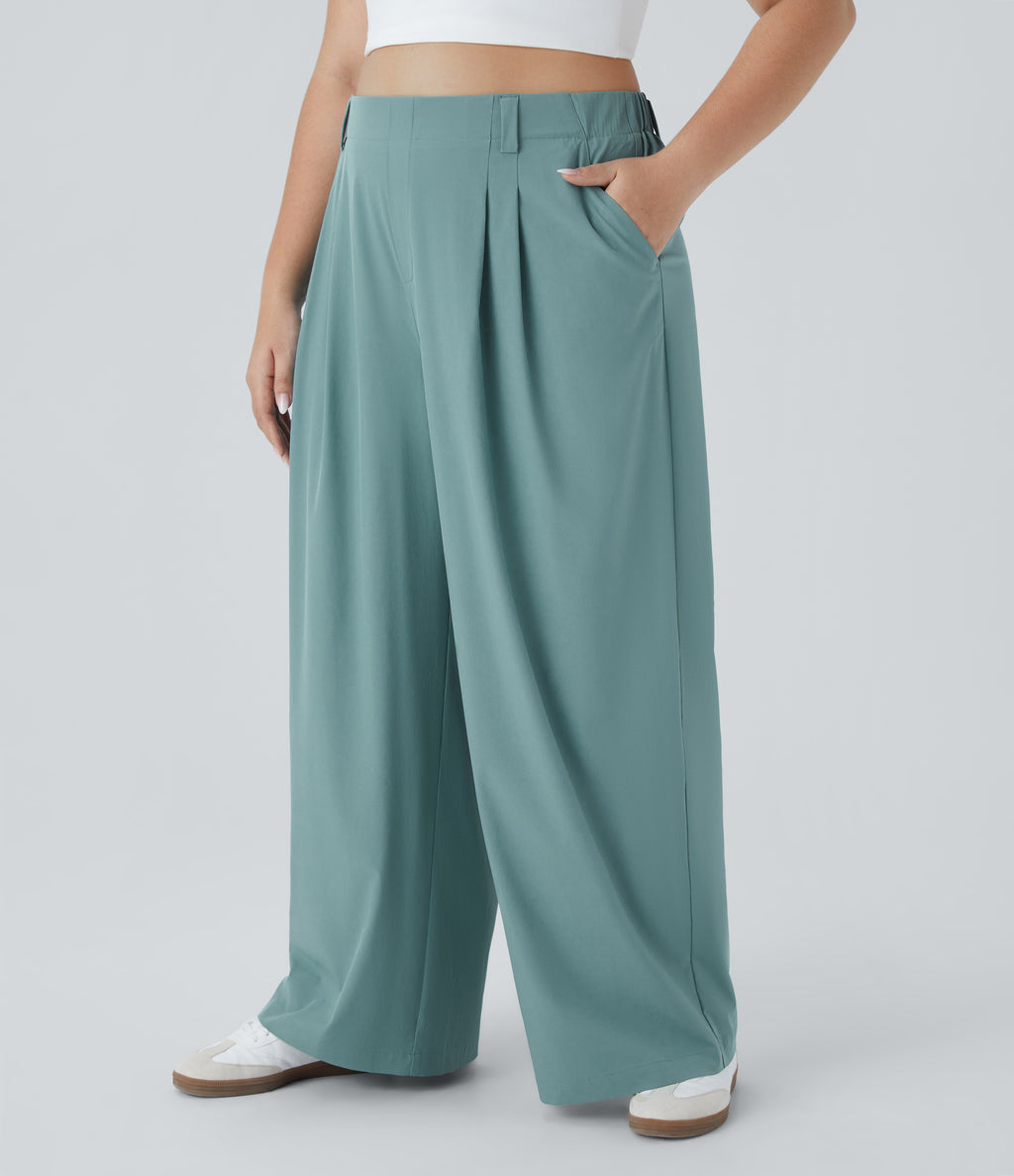 High Waisted Side Pocket Wide Leg Flowy Solid Palazzo Quick Dry Casual Plus Size Trousers — Stone Blue — view 1