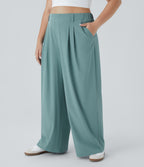 High Waisted Side Pocket Wide Leg Flowy Solid Palazzo Quick Dry Casual Plus Size Trousers — Stone Blue — view 1