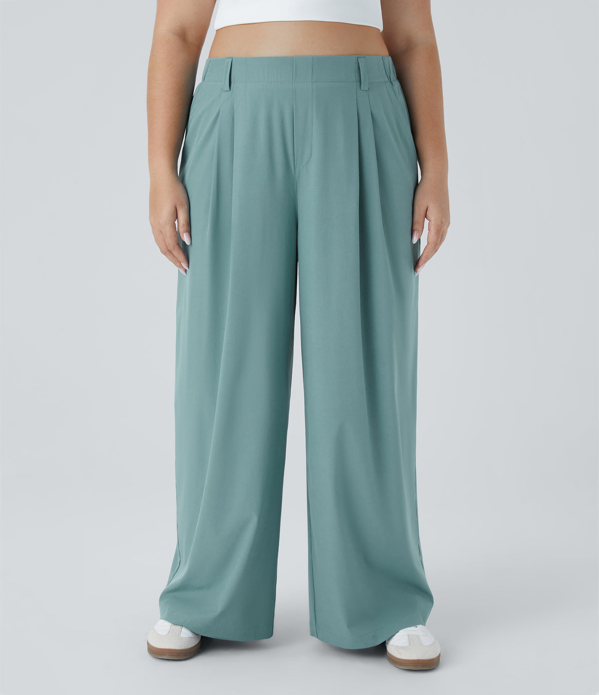High Waisted Side Pocket Wide Leg Flowy Solid Palazzo Quick Dry Casual Plus Size Trousers — Stone Blue — view 3