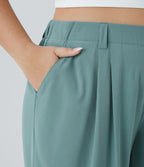 High Waisted Side Pocket Wide Leg Flowy Solid Palazzo Quick Dry Casual Plus Size Trousers — Stone Blue — view 4