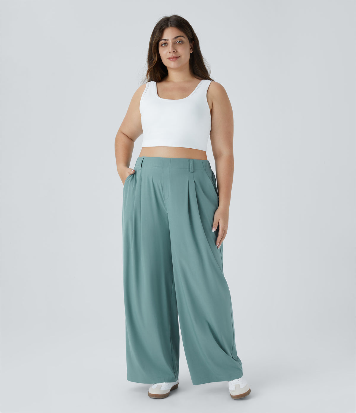 High Waisted Side Pocket Wide Leg Flowy Solid Palazzo Quick Dry Casual Plus Size Trousers — Stone Blue — view 6