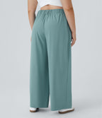 High Waisted Side Pocket Wide Leg Flowy Solid Palazzo Quick Dry Casual Plus Size Trousers — Stone Blue — view 2