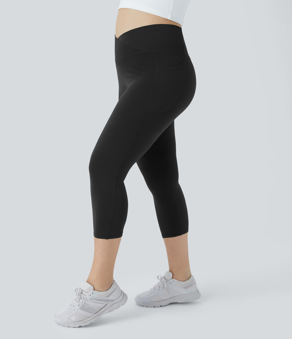 High Waisted Crossover Pocket Capri Yoga Plus Size Leggings — Black — view 3