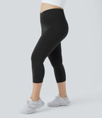 High Waisted Crossover Pocket Capri Yoga Plus Size Leggings — Black — view 3