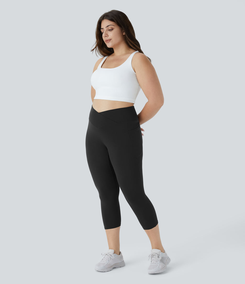 High Waisted Crossover Pocket Capri Yoga Plus Size Leggings — Black — view 7