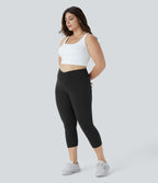 High Waisted Crossover Pocket Capri Yoga Plus Size Leggings — Black — view 7