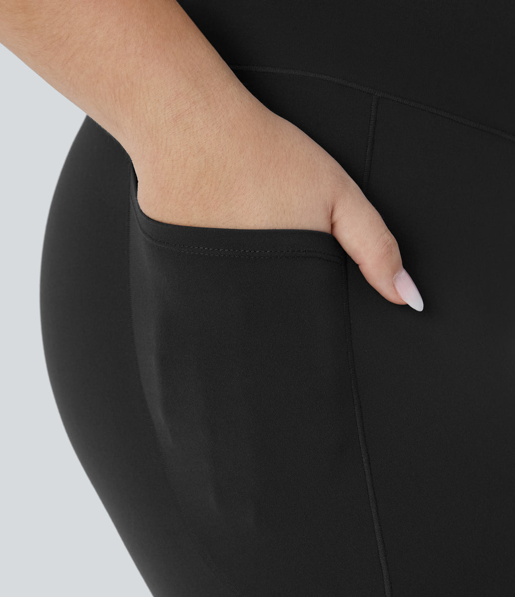 High Waisted Crossover Pocket Capri Yoga Plus Size Leggings — Black — view 4