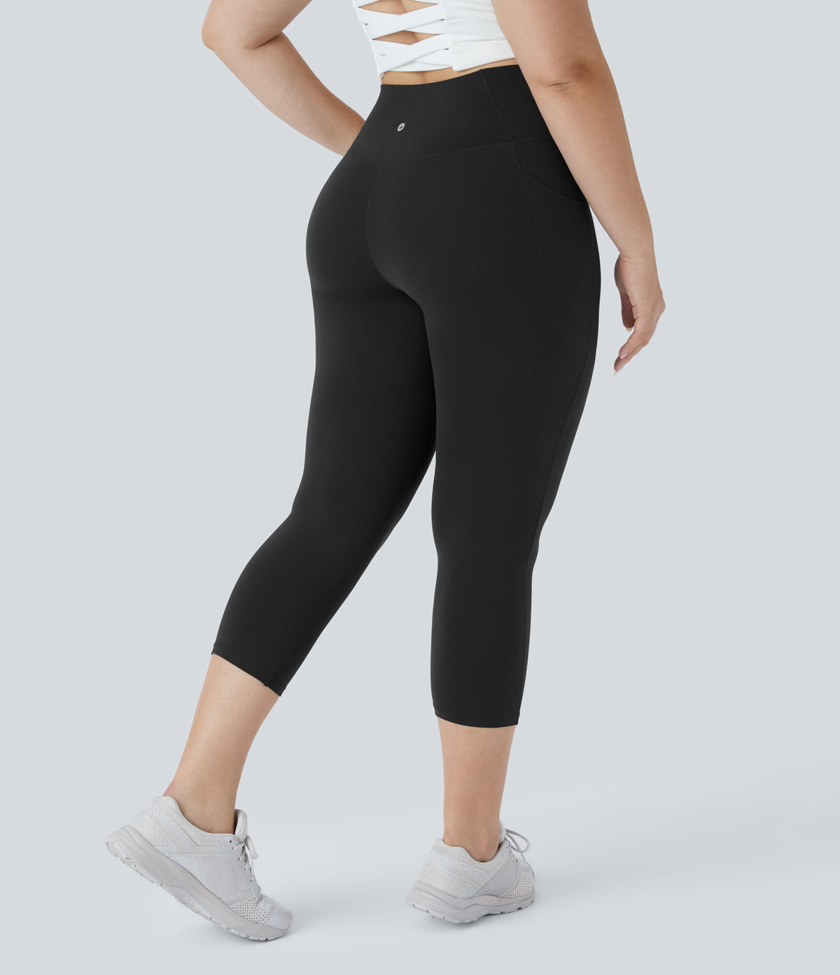 High Waisted Crossover Pocket Capri Yoga Plus Size Leggings — Black — view 1