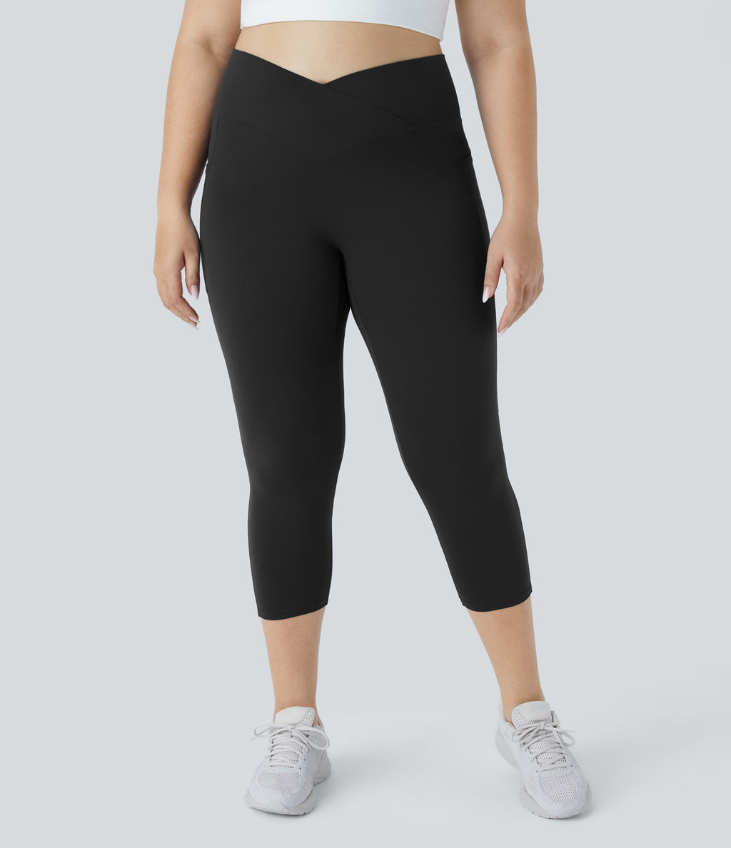 High Waisted Crossover Pocket Capri Yoga Plus Size Leggings — Black — view 2