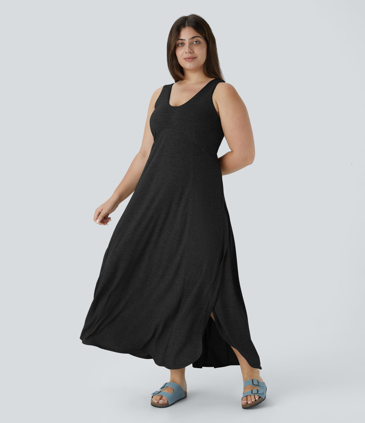 U Neck Flowy Maxi Casual Plus Size Tank Dress — Black — view 5