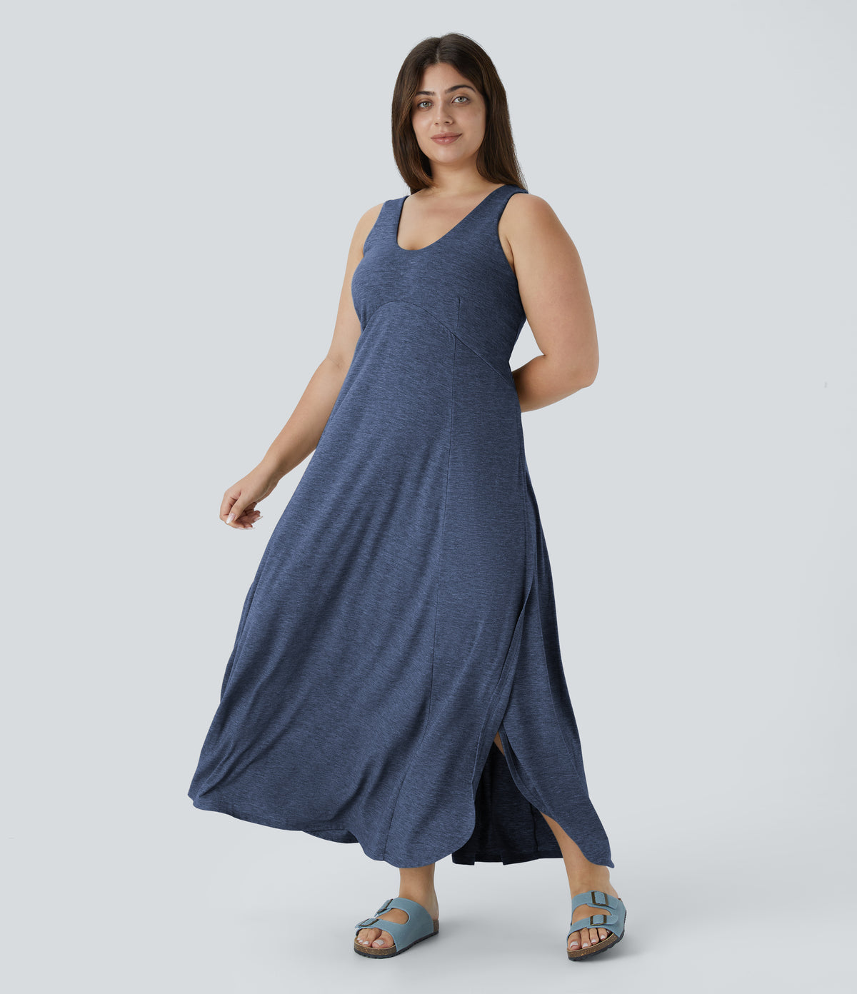 U Neck Flowy Maxi Casual Plus Size Tank Dress — Mottled Indigo — view 6
