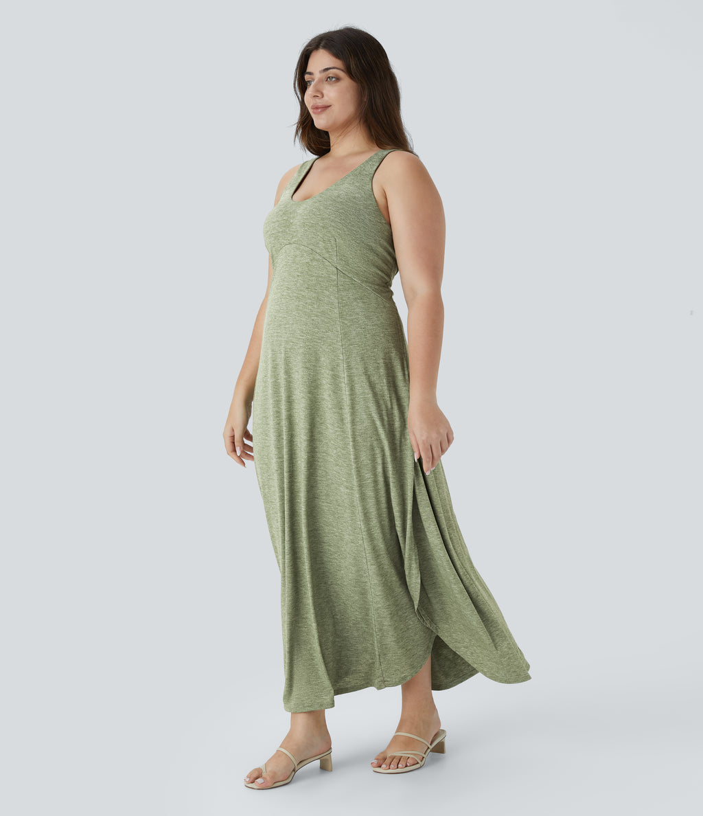 U Neck Flowy Maxi Casual Plus Size Tank Dress — Light Green Floral Yarn — view 3