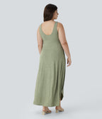U Neck Flowy Maxi Casual Plus Size Tank Dress — Light Green Floral Yarn — view 2