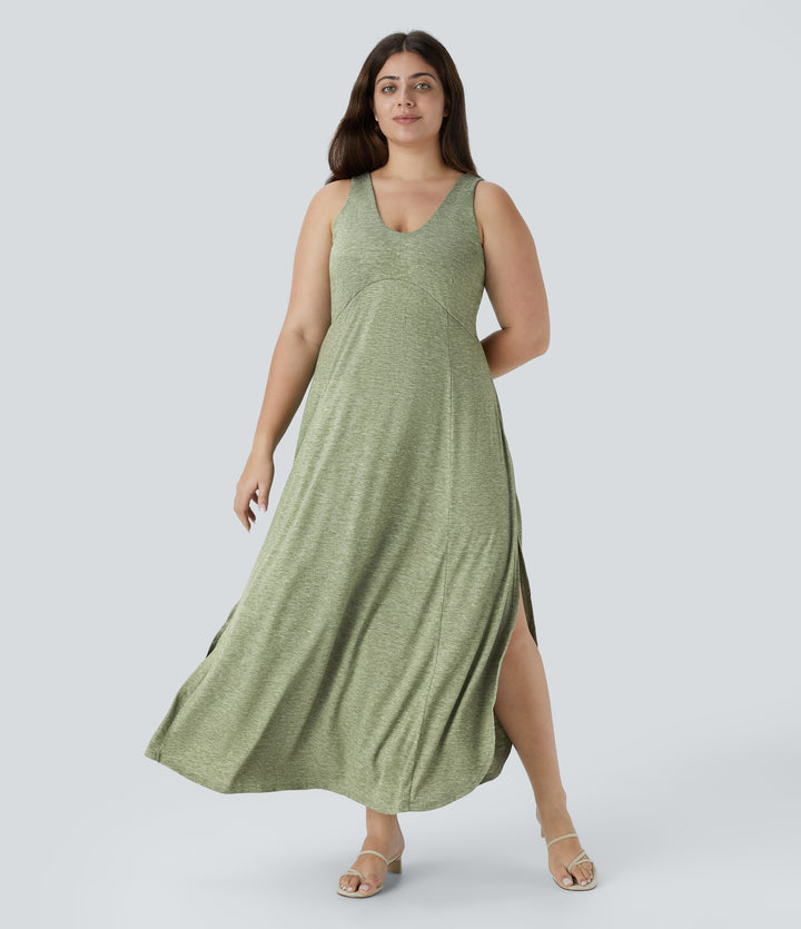 U Neck Flowy Maxi Casual Plus Size Tank Dress — Light Green Floral Yarn — view 1