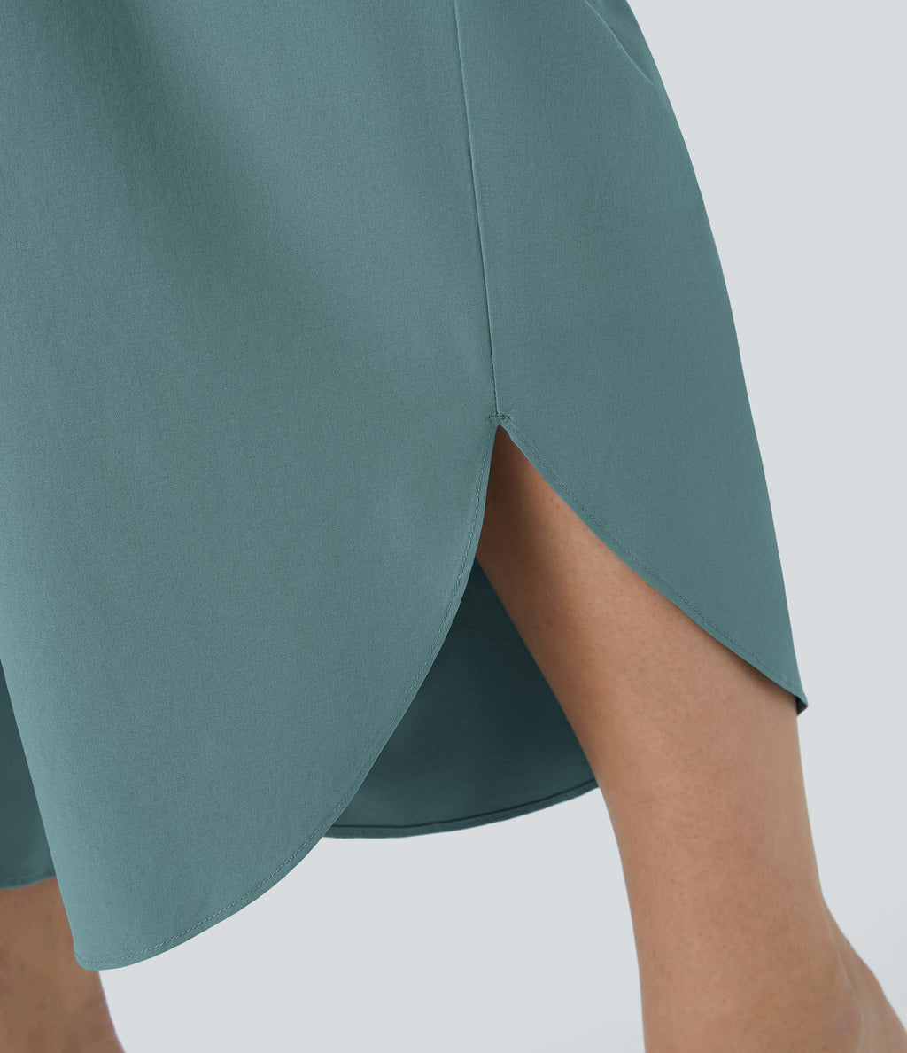 High Waisted Crossover Side Pocket Split Quick Dry Resort Plus Size Trousers — Stone Blue — view 7