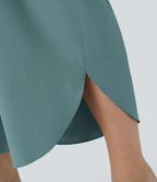 High Waisted Crossover Side Pocket Split Quick Dry Resort Plus Size Trousers — Stone Blue — view 7