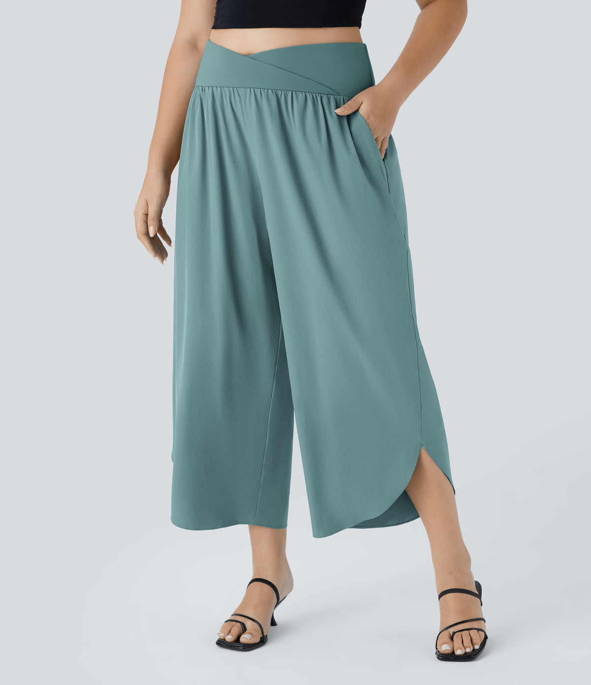 High Waisted Crossover Side Pocket Split Quick Dry Resort Plus Size Trousers — Stone Blue — view 1