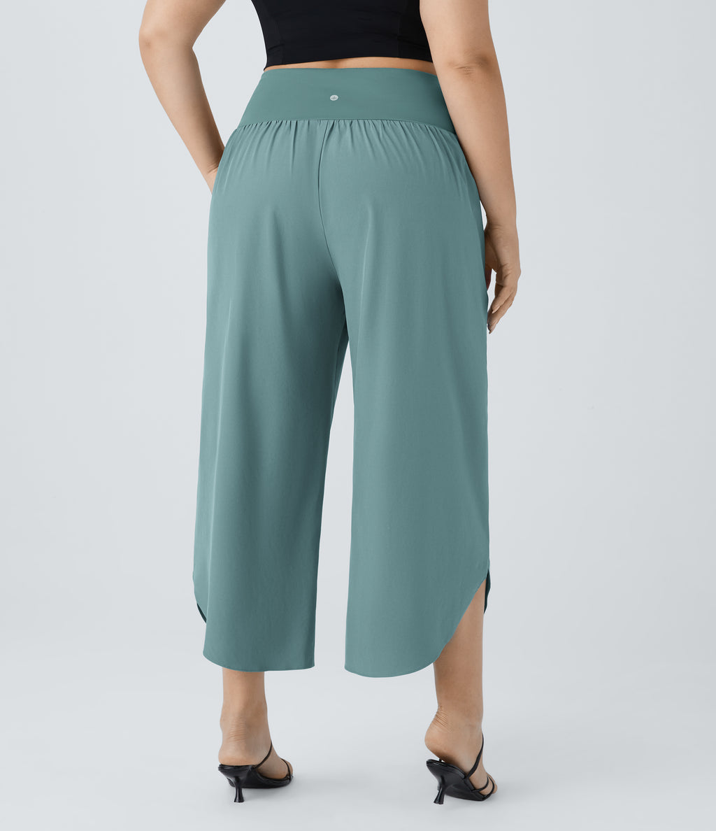 High Waisted Crossover Side Pocket Split Quick Dry Resort Plus Size Trousers — Stone Blue — view 2