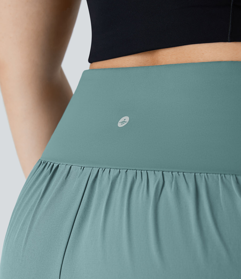 High Waisted Crossover Side Pocket Split Quick Dry Resort Plus Size Trousers — Stone Blue — view 5
