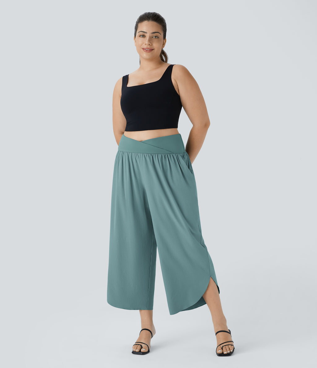 High Waisted Crossover Side Pocket Split Quick Dry Resort Plus Size Trousers — Stone Blue — view 8