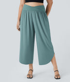 High Waisted Crossover Side Pocket Split Quick Dry Resort Plus Size Trousers — Stone Blue — view 3
