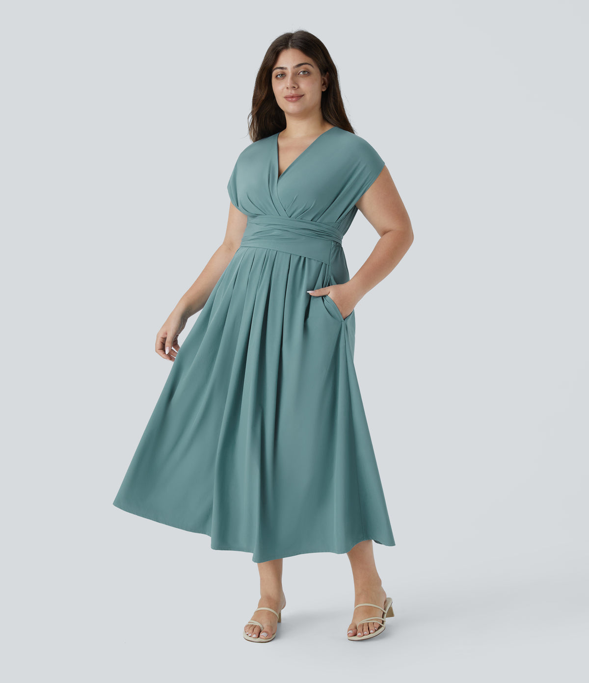 V Neck Short Sleeve Side Pocket Tie Back Quick Dry Midi Casual Plus Size Dress — Stone Blue — view 1