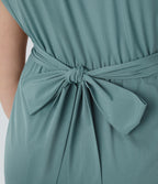 V Neck Short Sleeve Side Pocket Tie Back Quick Dry Midi Casual Plus Size Dress — Stone Blue — view 4