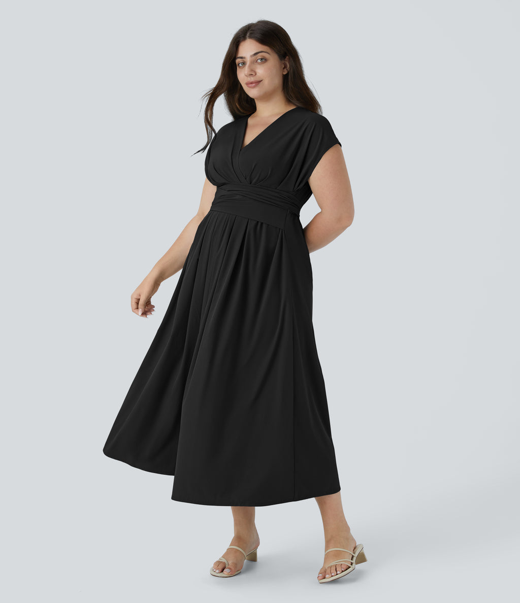 V Neck Short Sleeve Side Pocket Tie Back Quick Dry Midi Casual Plus Size Dress — Black — view 6