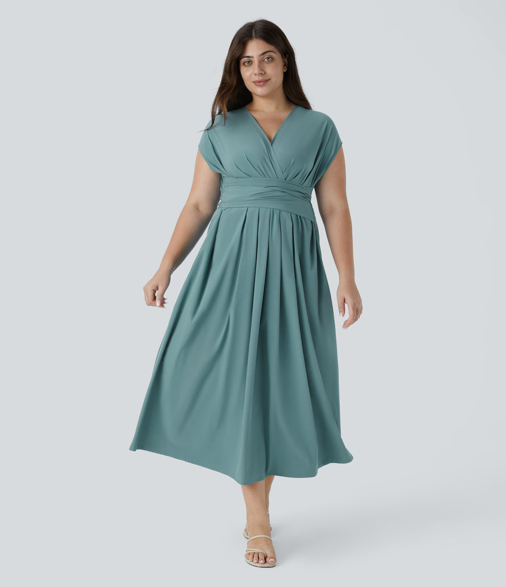 V Neck Short Sleeve Side Pocket Tie Back Quick Dry Midi Casual Plus Size Dress — Stone Blue — view 3