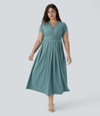 V Neck Short Sleeve Side Pocket Tie Back Quick Dry Midi Casual Plus Size Dress — Stone Blue — view 3