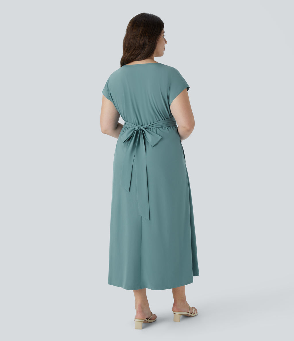V Neck Short Sleeve Side Pocket Tie Back Quick Dry Midi Casual Plus Size Dress — Stone Blue — view 2