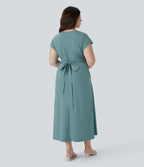 V Neck Short Sleeve Side Pocket Tie Back Quick Dry Midi Casual Plus Size Dress — Stone Blue — view 2
