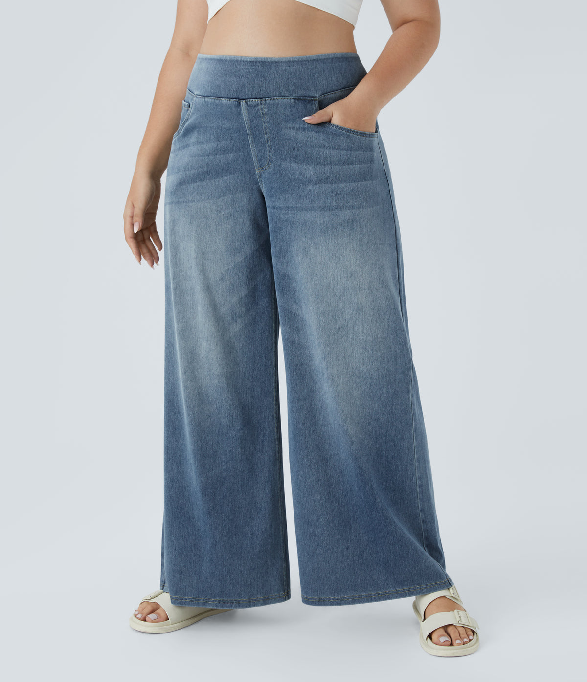High Waisted Pockets Baggy Wide Leg Washed Casual Plus Size Jeans — Blue Gray Denim — view 1