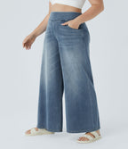 High Waisted Pockets Baggy Wide Leg Washed Casual Plus Size Jeans — Blue Gray Denim — view 3