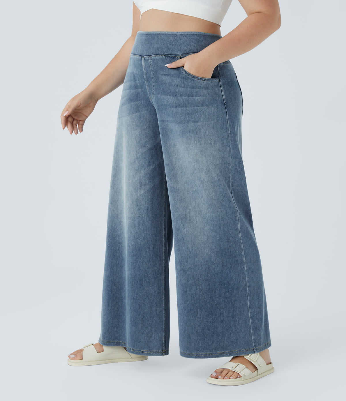 High Waisted Pockets Baggy Wide Leg Washed Casual Plus Size Jeans — Blue Gray Denim — view 3