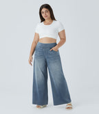 High Waisted Pockets Baggy Wide Leg Washed Casual Plus Size Jeans — Blue Gray Denim — view 7