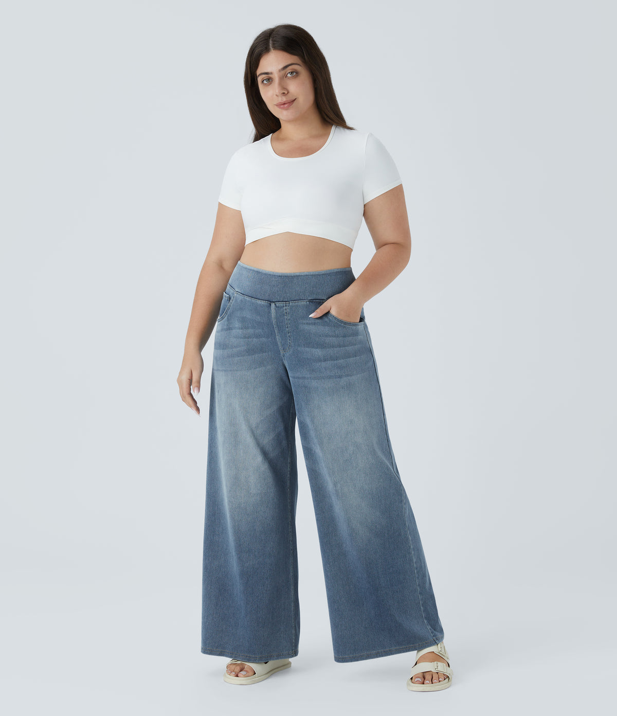 High Waisted Pockets Baggy Wide Leg Washed Casual Plus Size Jeans — Blue Gray Denim — view 7