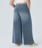 High Waisted Pockets Baggy Wide Leg Washed Casual Plus Size Jeans — Blue Gray Denim — view 2