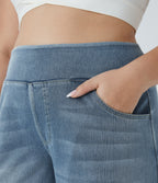 High Waisted Pockets Baggy Wide Leg Washed Casual Plus Size Jeans — Blue Gray Denim — view 5
