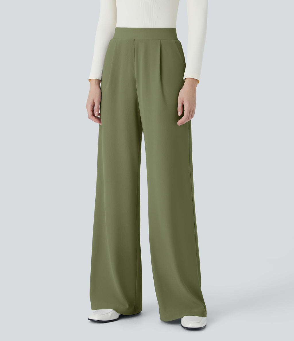 High Waisted Body Sculpt Waist-Slimming Pocket Wide Leg Micro Waffle Work Trousers — Mosstone — view 22