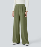 High Waisted Body Sculpt Waist-Slimming Pocket Wide Leg Micro Waffle Work Trousers — Mosstone — view 22
